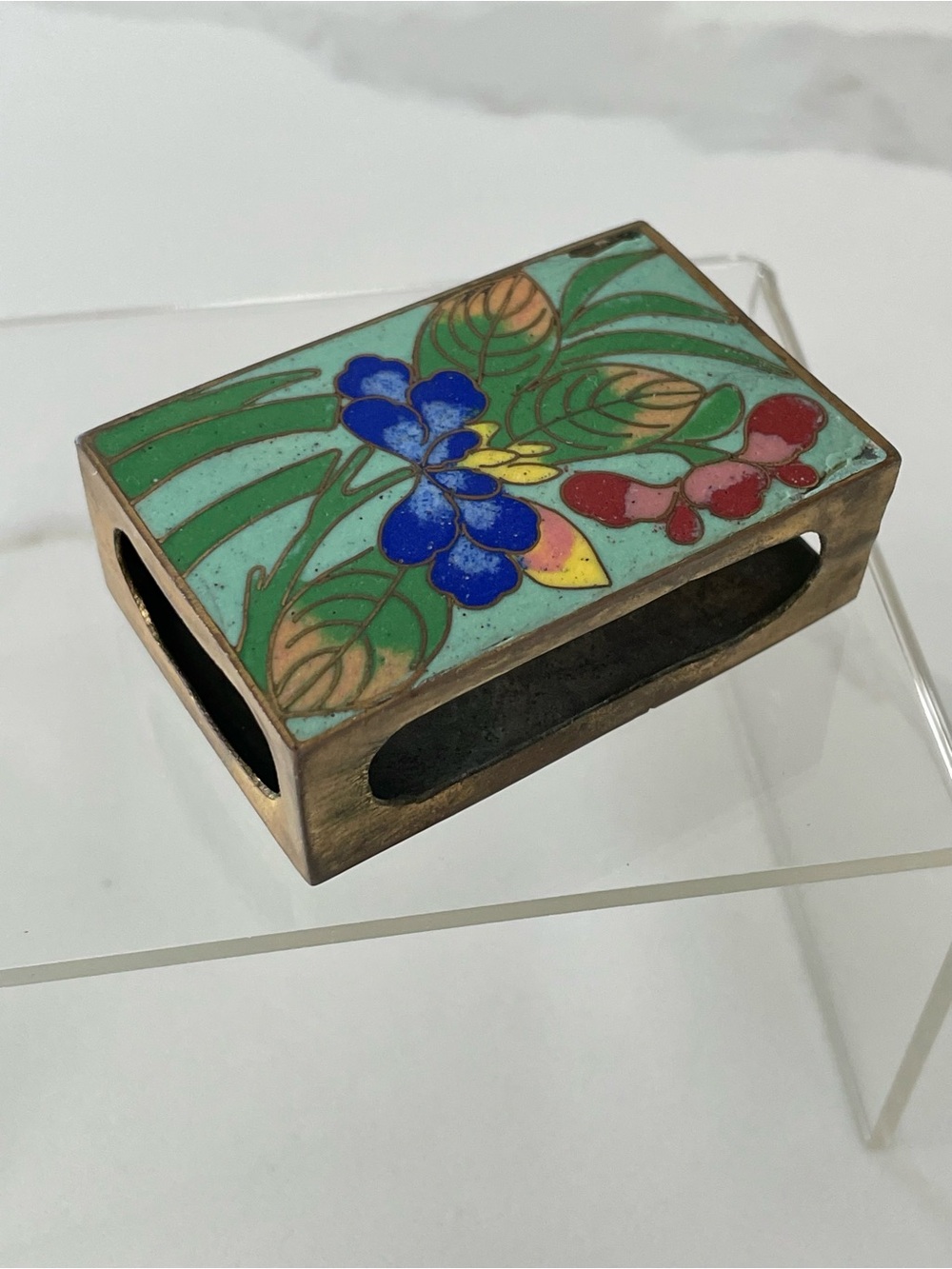 Vintage Floral Enamel Cloisonné Matchbox Holder